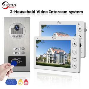 ANJIELO 2 유닛 다세대 아파트 인터콤 비디오 도어벨 RFID 카드 잠금 해제 기능이 있는 7인치 4선식 비디오 도어폰 시스템