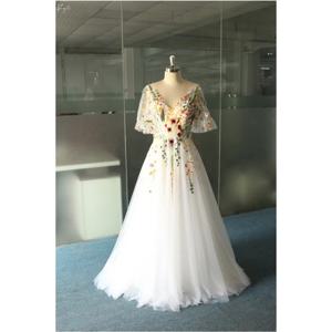 교토 맞춤형 V 넥 수 놓은 꽃 웨딩 드레스 A 라인 반팔 vestidos de novia 바닥 길이 이브닝 드레스