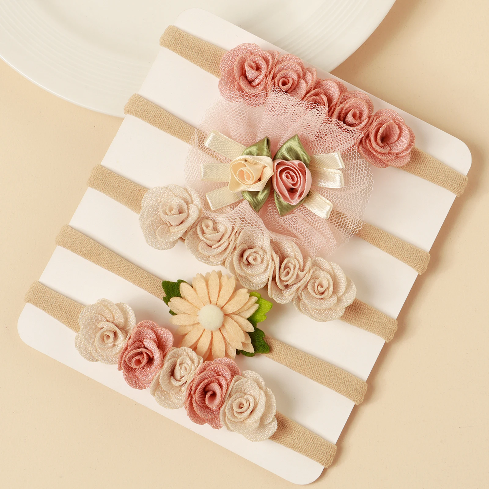 5pcs 핑크 레이스 시뮬레이션 꽃 헤어 액세서리 신생아 소녀 접합 꽃 머리띠 아기 사진 장식 귀여운 헤어 밴드