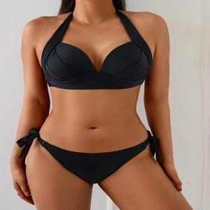 여름 패션 솔리드 컬러 스트랩 비키니 주름 방지 편안한 수영복 풀 파티와 일광욕을위한 완벽한 비치웨어