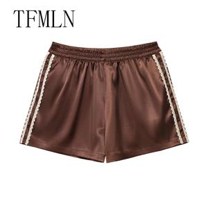 TFMLN 여성 새 여름 실크 레이스 반바지 팬티 모조 프릴 블루머 안티 노출 바지 로리타 새틴 속옷 반바지 드레스