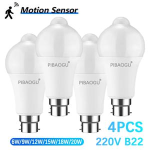 4PCS Led 전구 레이더 모션 센서 B22 220V 20W 18W 15W 12W 9W 6W 전구 자동 켜짐 꺼짐 센서 적외선 모션 감지 야간 램프