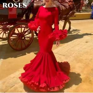 ROSES 생기 넘치는 레드 파티 드레스 멋진 보트 - 넥 인어 댄스 파티 드레스 드라마틱하게 러플 - 슬리브 이브닝 드레스 맞춤형