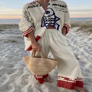 Boho 비치 홀리데이 프린트 셔츠와 바지 두 조각 세트 여성 Csaual 느슨한 긴 소매 단추 셔츠 복장 여름 바지 세트