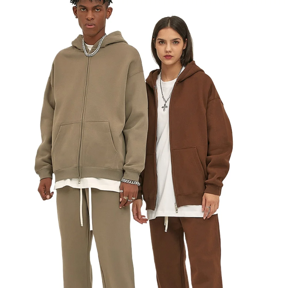 사용자 정의 로고 가을, 겨울 신제품 벨벳 두꺼운 350g 고품질 지퍼 스웨터 바지 남성과 여성 커플 정장