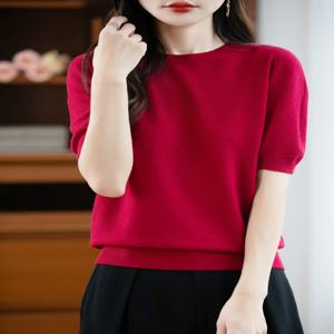 패션 베이직 봄 여름 메리노 울 스웨터 O넥 캐시미어 풀오버 솔리드 컬러 부드러운 반팔 셔츠 의류 탑