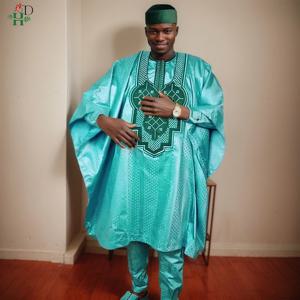 H & D 아프리카 녹색 탑과 바지 3 PCS 남성용 자수 Thobe Bazin Riche 전통 웨딩 파티 정장 플러스 사이즈 옷 세트