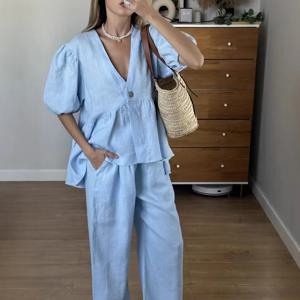 2025 신상 여성 단색 V넥 버블 반팔 바지 정장 여름 여성 반팔 티셔츠 상의 + 롱 팬츠 투피스 세트