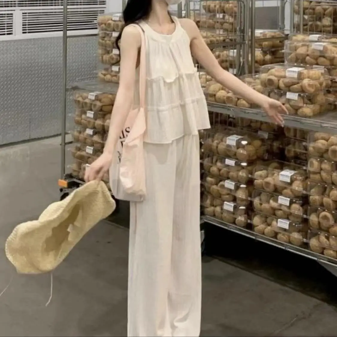 세련된 라운드넥 민소매 탑 하이웨이스트 스트레이트 레그 팬츠 여성 여름 신상 한국 스타일 투피스 세트