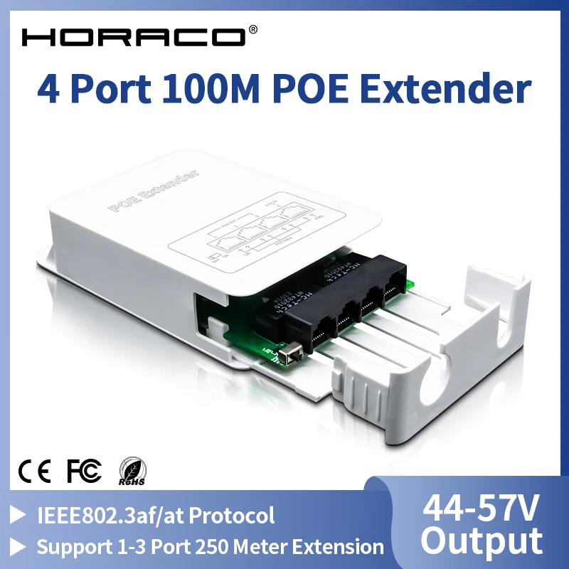 HORACO 4 포트 POE 익스텐더 100M 야외 방수 POE 리피터 IP30 VLAN 44-57V 30W POE 카메라 무선 AP