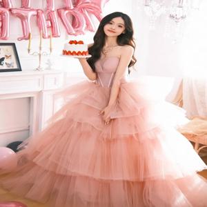 핑크 롱 튤 이브닝 가운 생일 공주 드레스 성인 행사 사회자 여성용 볼 가운 고급스러운 느낌의 벨트 디테일