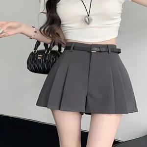 하이웨이스트 와이드 레그 숏팬츠 여성 정장 캐주얼 얇은 봄 여름 폴리에스터 섬유 접힌 A라인 팬츠 한국 스타일