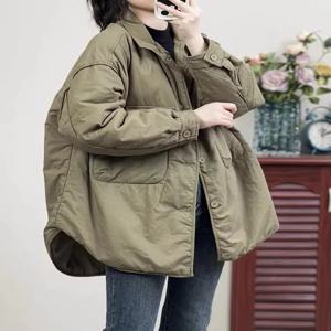 브랜드 여성용 코튼 재킷 긴팔 솔리드 컬러 버튼 두꺼운 겨울 코트 큰 포켓 캐주얼 스타일리쉬 출퇴근복
