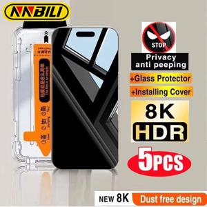 아이폰 15 14 13 12 11 16 17 Pro Max용 5개입 프라이버시 강화유리 액정 보호필름 (먼지 방지 설치 도구 포함)