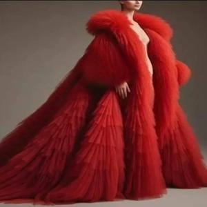 빨간색 푹신한 주름 장식 긴팔 망토 푹신한 티어드 튤 롱 여성 재킷 풍성한 케이프 베스트 의상 여성 아우터 코트