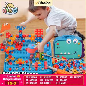 211-351 조각 어린이 도구 세트 전기 드릴 나사 너트 퍼즐 장난감 역할 놀이 공룡 드릴링 조립 교육 장난감 소년