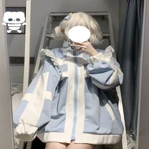 일본 프릴 지퍼 스웨터 여성 스위트 프레피 루즈 패치 워크 로리타 코트 봄 가을 귀여운 긴 소매 하라주쿠 세련된상의