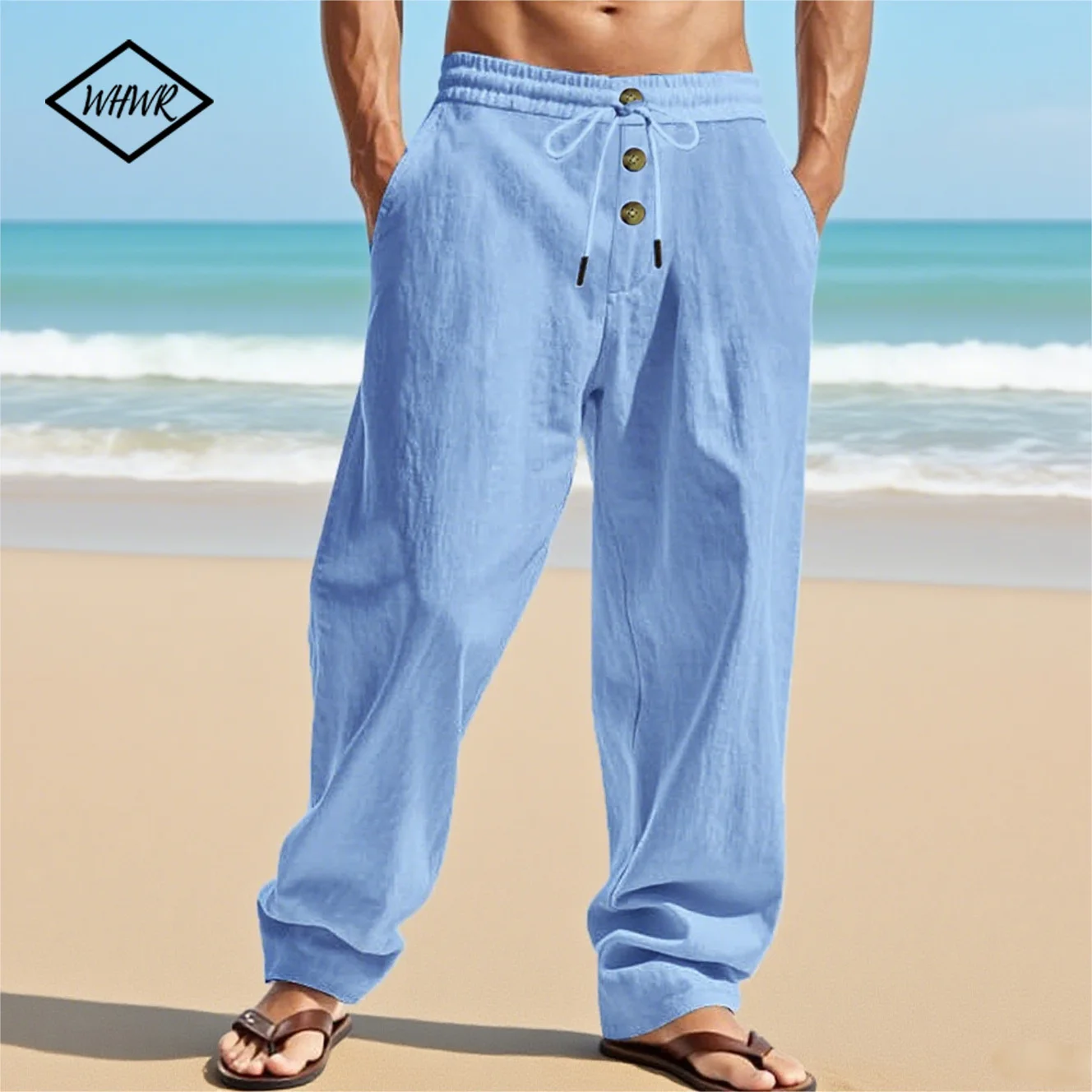 남성 캐주얼 통기성 바지 여름 솔리드 컬러 탄성 허리 버튼 바지 느슨한 피트니스 경량 와이드 레그 비치 바지