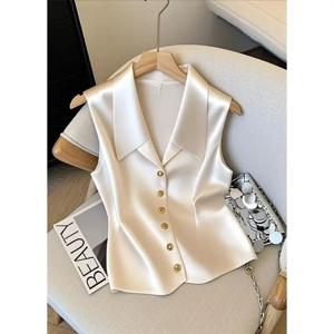 고품질 새틴 프랑스 감성 여성 베스트 셔츠 시크 포인트 턴다운 칼라 V넥 베스트 재킷 베이지 민소매 블라우스