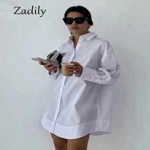 Zadily 가을 2025 미니멀리스트 여성용 흰색 긴 셔츠 오버 사이즈 풀 슬리브 패치 워크 버튼 업 작업 블라우스 여성 의류