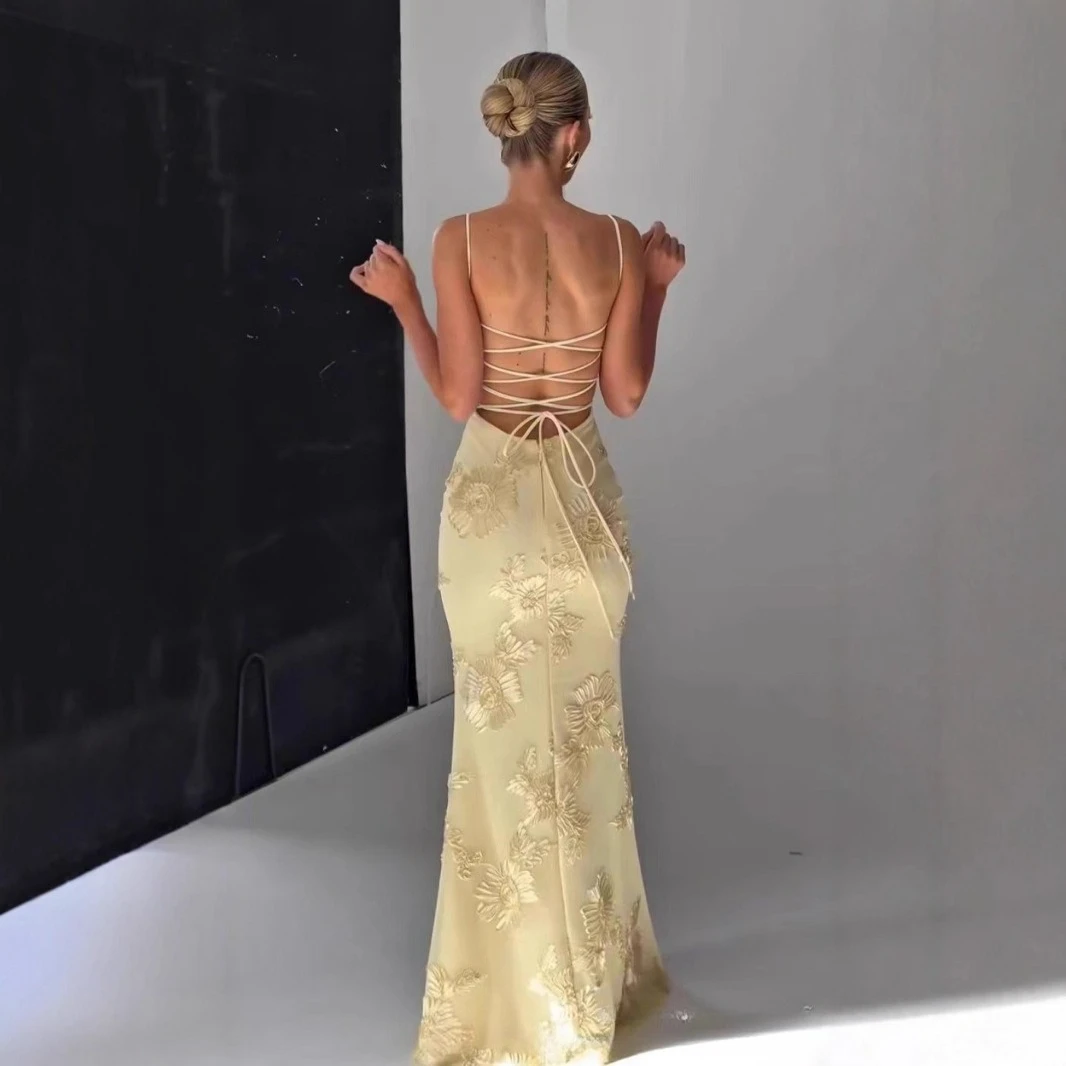 밍밍시 여성 맥시 백리스 드레스 섹시한 3D 플로럴 자수 인어 드레스 노란색 정장 파티 드레스 롱