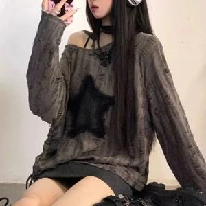 Y2K 홀 스타 프린트 티셔츠 여성 패션 스트리트웨어 오프 숄더 탑 여름 오버사이즈 케이팝 긴팔 루즈 티셔츠 여성용 신상품