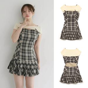 스위트 플래드 베어링 웨이스트 스트랩 드레스 커버업 투피스 세트 2025 신상 일본 스타일 하이웨이스트 A라인 스커트 출퇴근룩