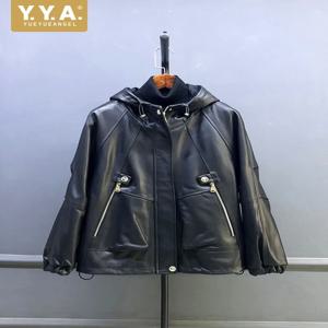 뜨거운 판매 가을 여성 천연 양가죽 후드 짧은 재킷 오버코트 지퍼 루즈핏 작업 여성 캐주얼 정품 가죽 아우터웨어