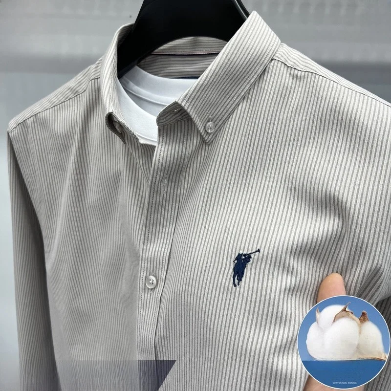 고급 남성 긴팔 셔츠 봄 가을 신상 스트라이프 다림질 필요없는 비즈니스 자수 다용도 면 셔츠 세련된 도시 스타일