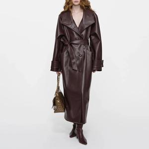 100% 천연 가죽 트렌치코트 여성용 가을 겨울 럭셔리 양가죽 큰 라펠 싱글 브레스티드 벨트 루즈 롱 트렌치 아우터웨어