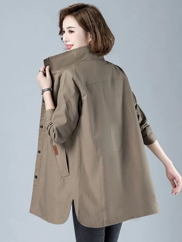 봄 가을 순수한 색상 얇은 겉옷 여성 코트 중간 길이 우아한 엄마 스타일 세련된 캐주얼 긴팔 코트