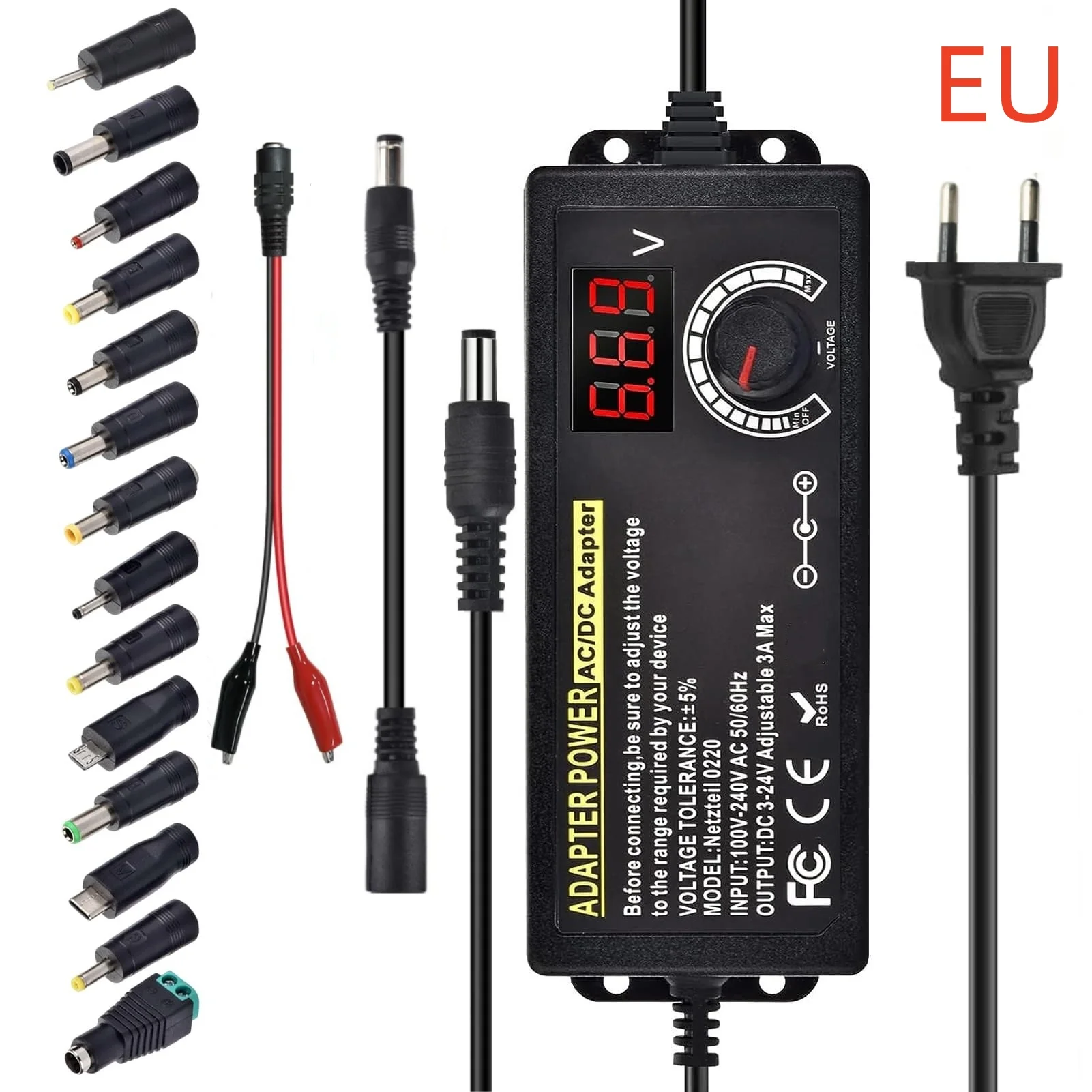 AC-DC 전원 공급 장치 조정 가능한 실험실 전원 공급 장치 3V-24V-3A 휴대용 범용 어댑터 EU/US 플러그 악어 클립