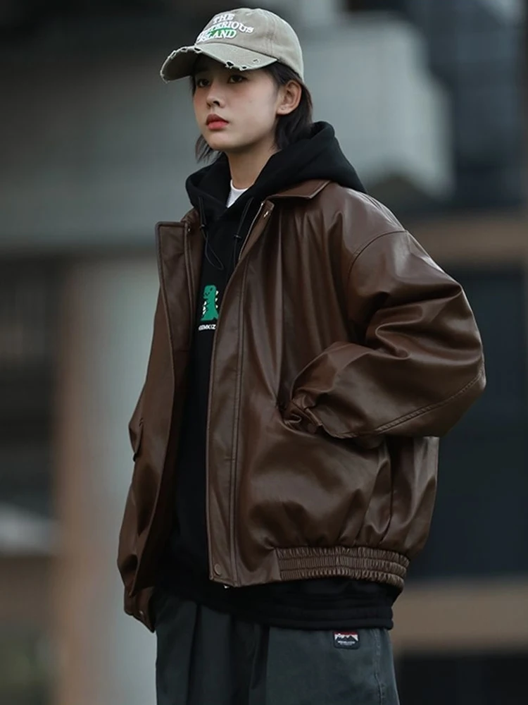 멋진 가죽 재킷 여성용 세련된 브라운 아메리칸 레트로 바이커 코트 봄 가을 겨울 패셔너블한 아우터 스탠다드 핏