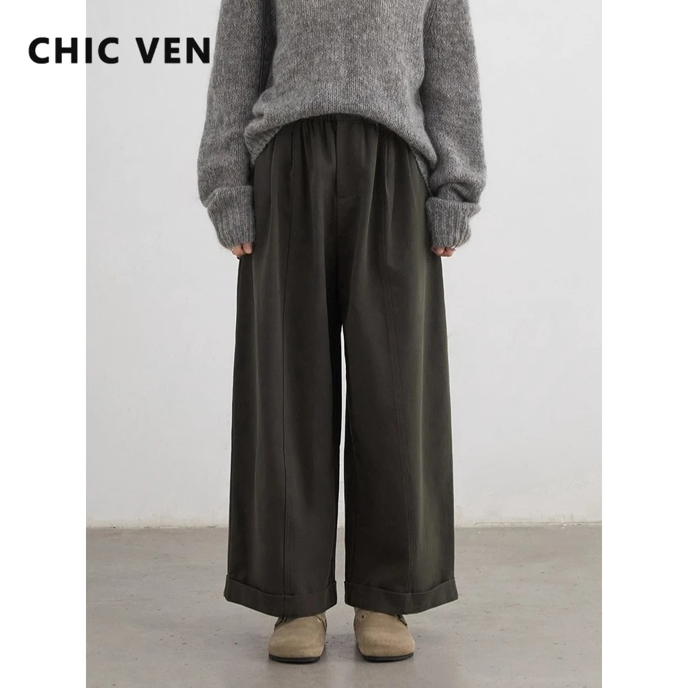 CHIC VEN 여성 바지 하이웨이스트 루즈 솔리드 와이드 레그 캐주얼 여성 바지 엘라스틱 웨이스트 폴딩 팬츠 가을 겨울 2025