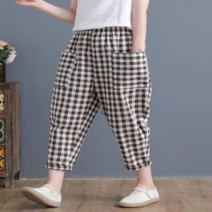여성용 체크무늬 와이드 레그 팬츠 가을 비즈니스 스타일 얇은 9부 팬츠 루즈 슬리밍 하란 캐주얼 큰 사이즈 포켓 손수건