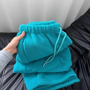 레이크 블루 두꺼운 양털 플리스 스웨트팬츠 루즈핏 와이드 레그 캐주얼 남성 힙합 보온 스포츠 팬츠 하이웨이스트 가을 겨울