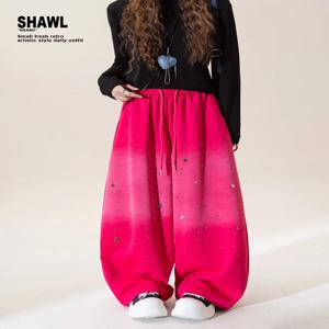 그라데이션 로즈 레드 라인스톤 와이드 레그 스포츠 팬츠 여성용 겨울 신상 스몰 디자인 슬림 스트레이트 캐주얼 롱 트라우저