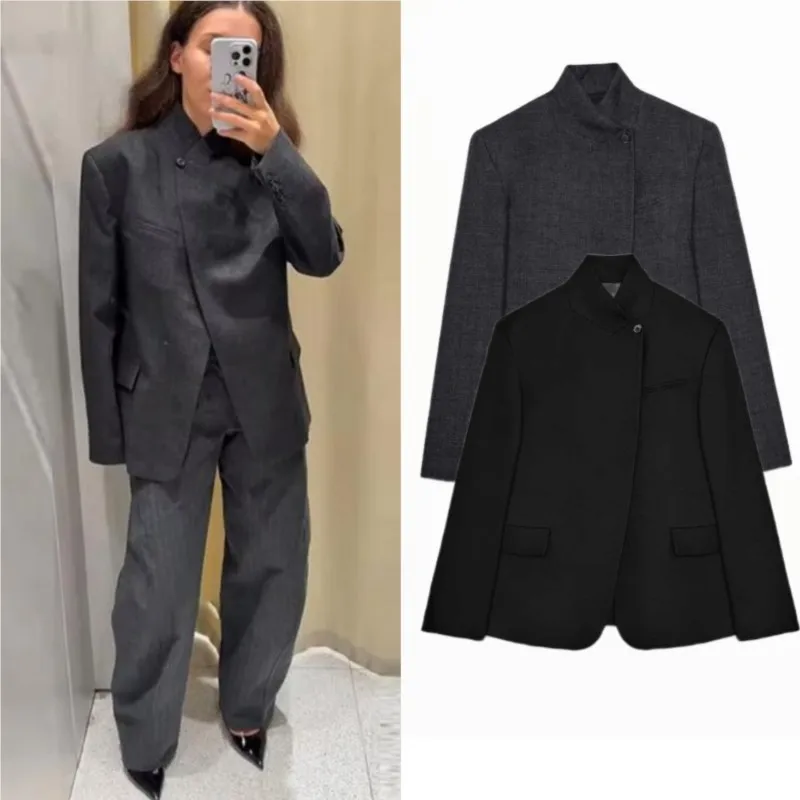 여성용 수트 재킷 가을 루즈핏 긴팔 스탠드 칼라 싱글 버튼 코트 캐주얼 시크 여성 오피스룩 아우터웨어 탑