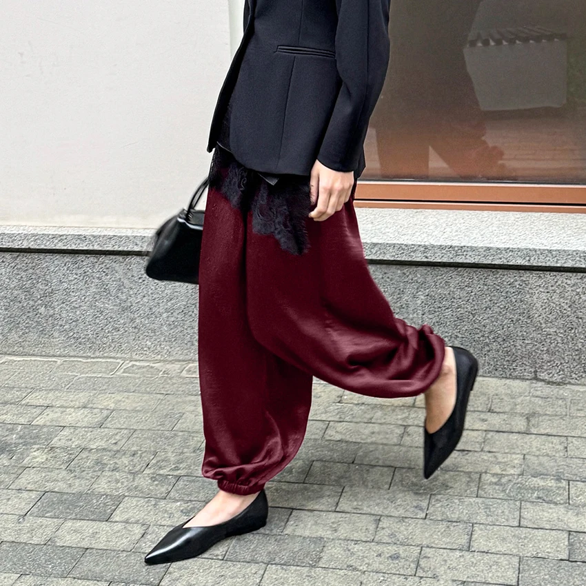 리나드 빈티지 와인 레드 루즈 블루머 여성용 2025 우아한 하이웨이스트 롱 팬츠 가을 스트리트 시크 엘라스틱 웨이스트 팬츠