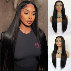 블랙 스트레이트 레이스 프론트 합성 가발 내추럴 블랙 13×4 레이스 프론트 가발 내열성 합성 섬유 가발(24인치)