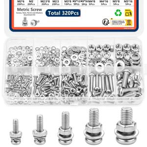 320개 나사, 너트, 와셔 모음 키트, 녹 방지 미터법 하드웨어 세트 M2-M5, DIY 가정 수리 및 산업용