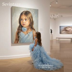 Sevintage 귀여운 푸른 꽃 소녀 드레스 귀여운 프릴 민소매 볼 가운 결혼식을위한 어린이 생일 파티 드레스 맞춤형