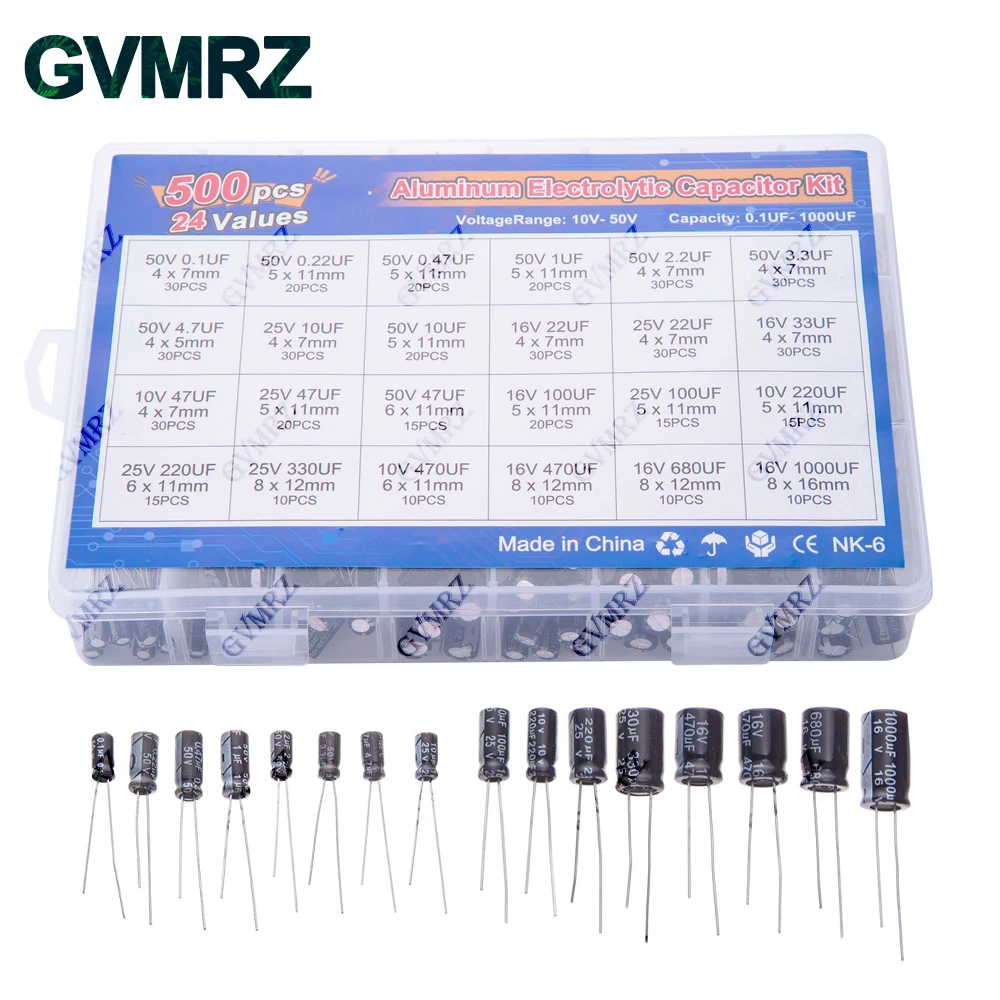 500개/묶음 0.1UF-1000UF 24가지 값 알루미늄 전해 커패시터 16-50V 혼합 전해 커패시터 세트 및 보관 상자