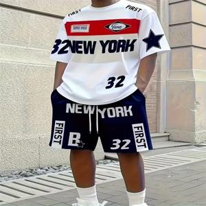 시원하고 트렌디 한 3D 인쇄 된 남자의 캐주얼 반팔 세트, 새로운 남자의 둥근 목 반팔 상단 및 반바지