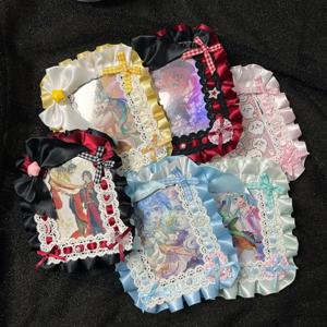 로리타 메이드 레이스 수제 신분증 홀더 귀여운 배지 릴 소녀용 카와이 카드 케이스 (끈 포함)