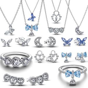 오리지널 925 스털링 실버 참 펜던트 블루 보우 수트 비즈 여성용 반지 귀걸이 목걸이 DIY 팔찌 고급 주얼리 선물