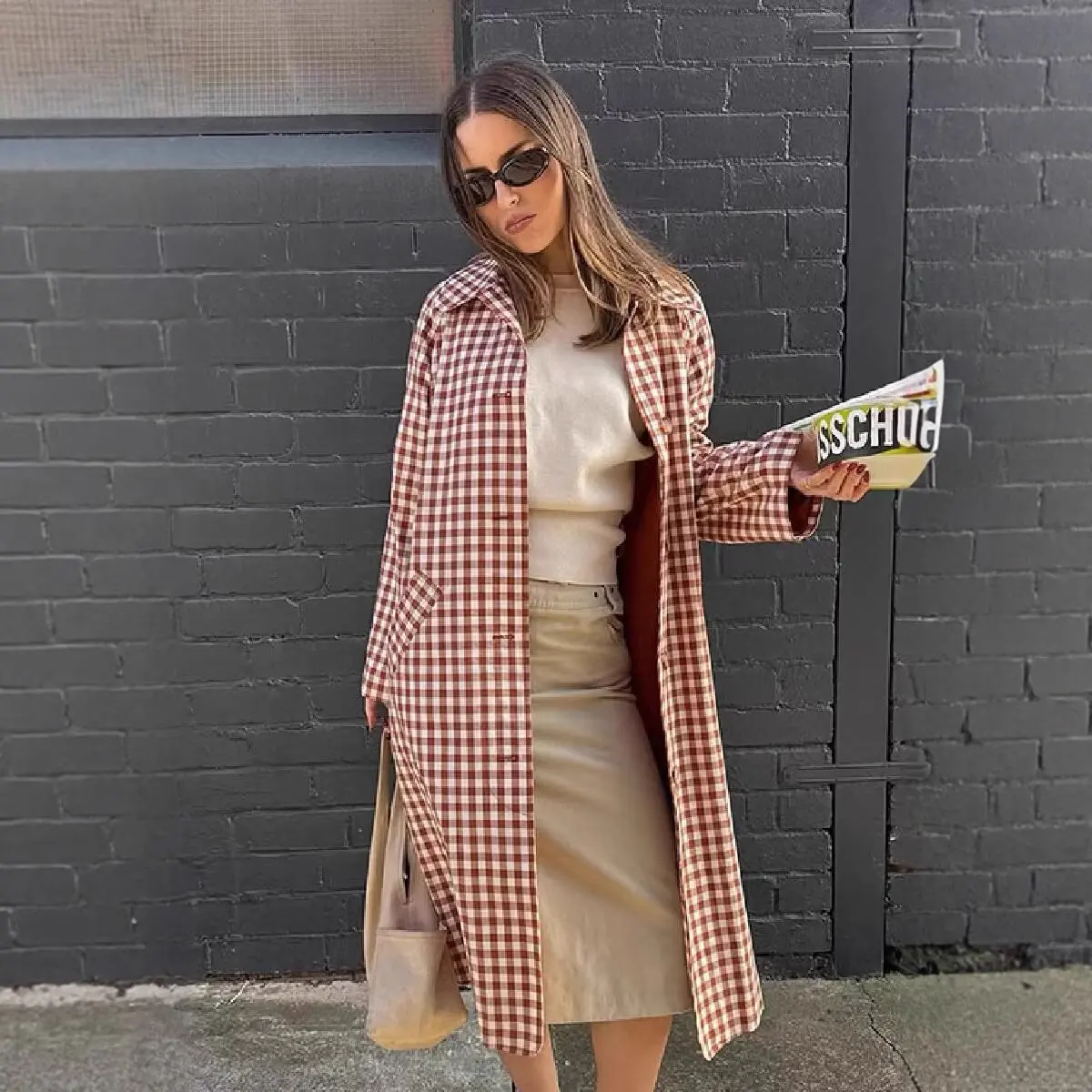 AOMO 2026 여성 격자 무늬 트렌치 코트 긴 소매 여성 아우터 JA131-1