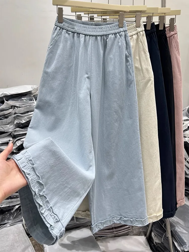 퀵 드라이 레이스 트림 와이드 레그 팬츠 여성 여름 얇은 루즈핏 하이웨이스트 드레이프 스트레이트 컷 트라우저 통근 스타일 하이웨이스트