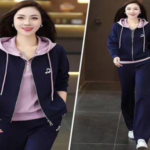 시크 플러스 사이즈 후드 세트 루즈핏 와이드 레그 팬츠 투피스 세트 트렌디 캐주얼 한국 스타일 하이웨이스트 긴팔 지퍼 클로저