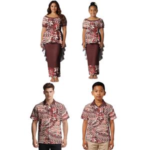 가족 부모-자녀 의상 맞춤형 사모아 캐주얼 엄마와 딸 풀레타시 드레스 폴리네시아 아빠와 아들 셔츠 하와이안 프린트 가족 세트